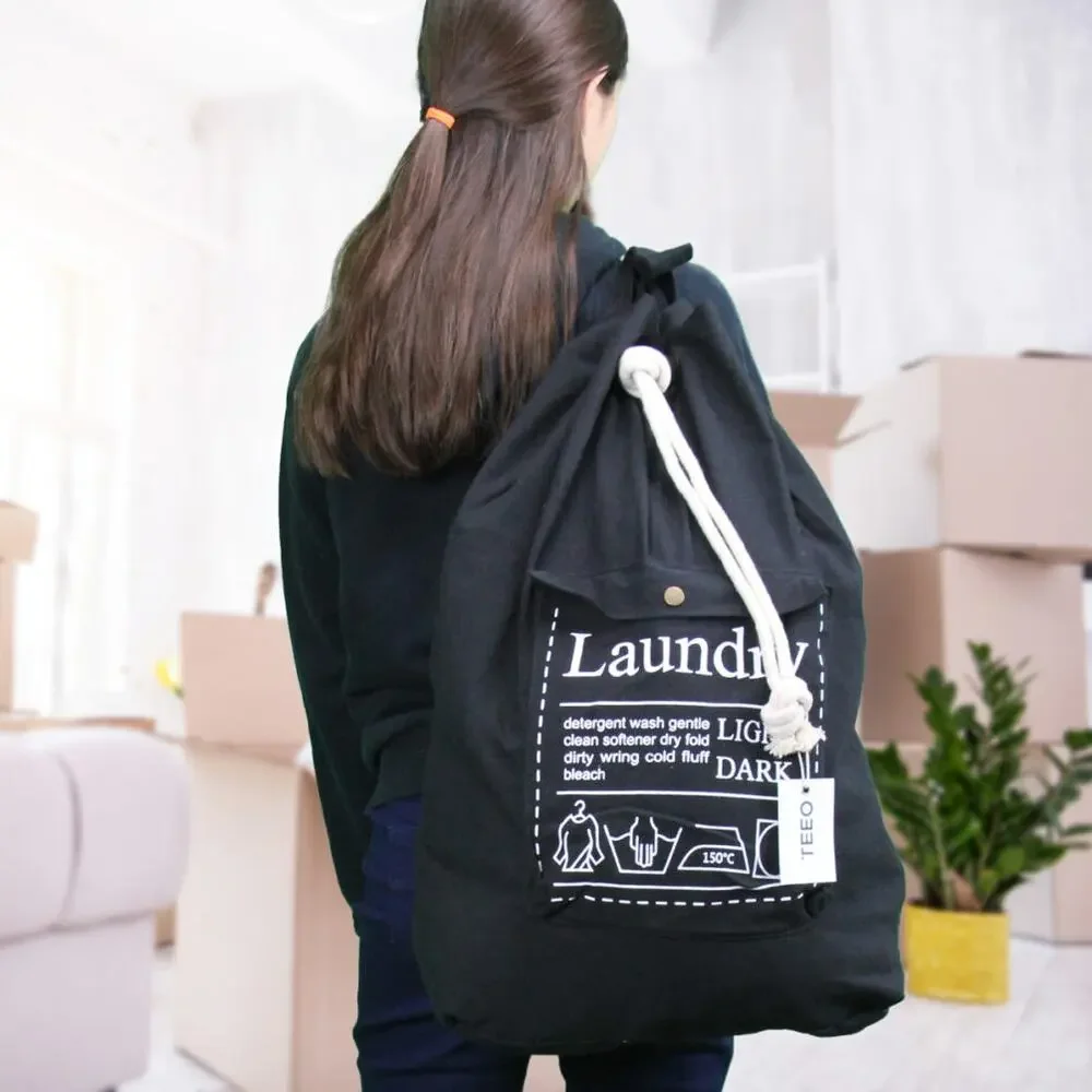 XL Laundry Bag Black Cotton Canvas drawstring portable travel friendly backpack